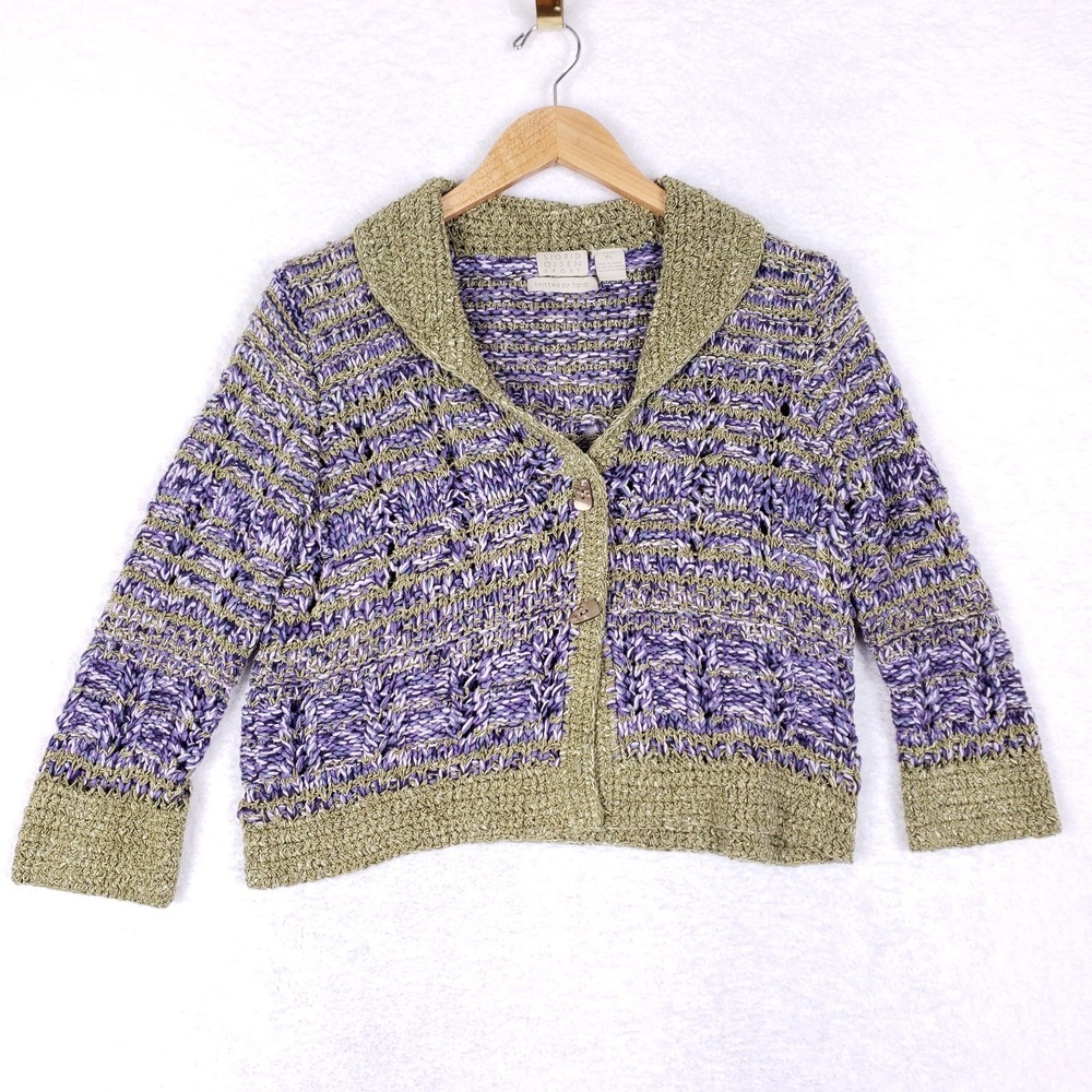 Sigrid Olsen Sport Hand Knitted Silk Blend Cardigan Petite PL‎ Multi Color Knit